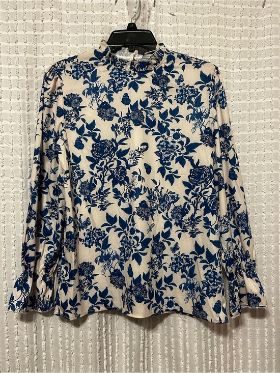 Unbranded Tops - Floral Toile Ruffle Neck Blouse Blue Cream Long Sleeve Top Women's Small